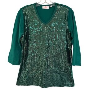 Quacker Factory Sequin V-Neck 3/4 Sleeve Glam Top‎ Womens XS Green Holiday Party